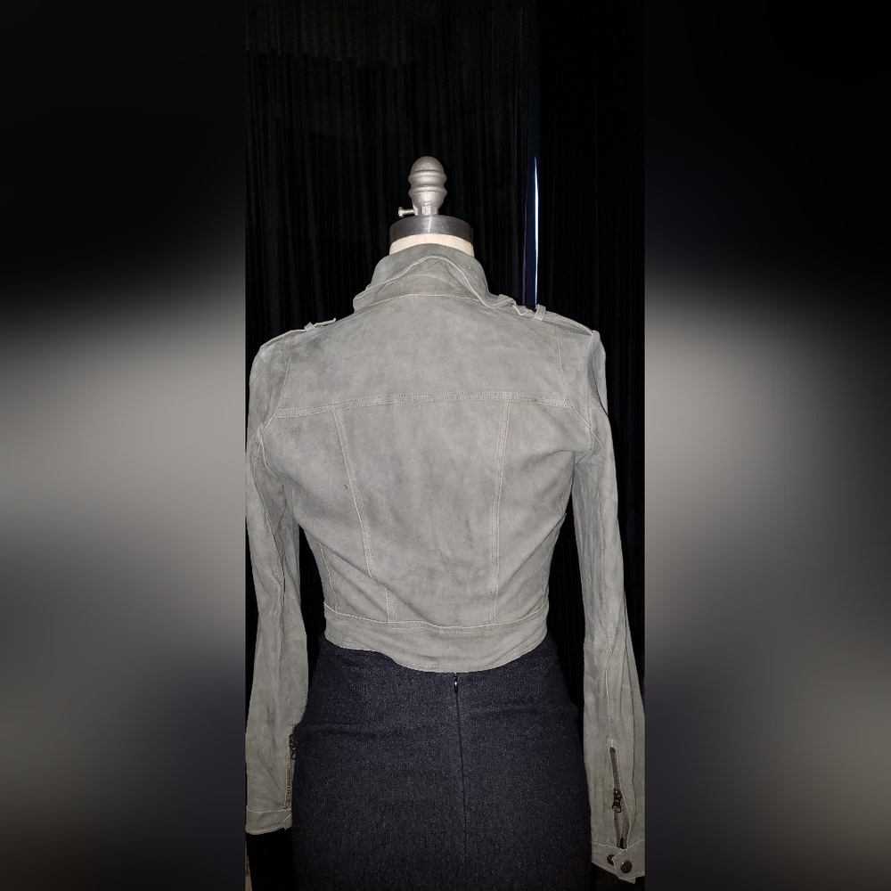 Brand new gray lambskin leather crop biker jacket